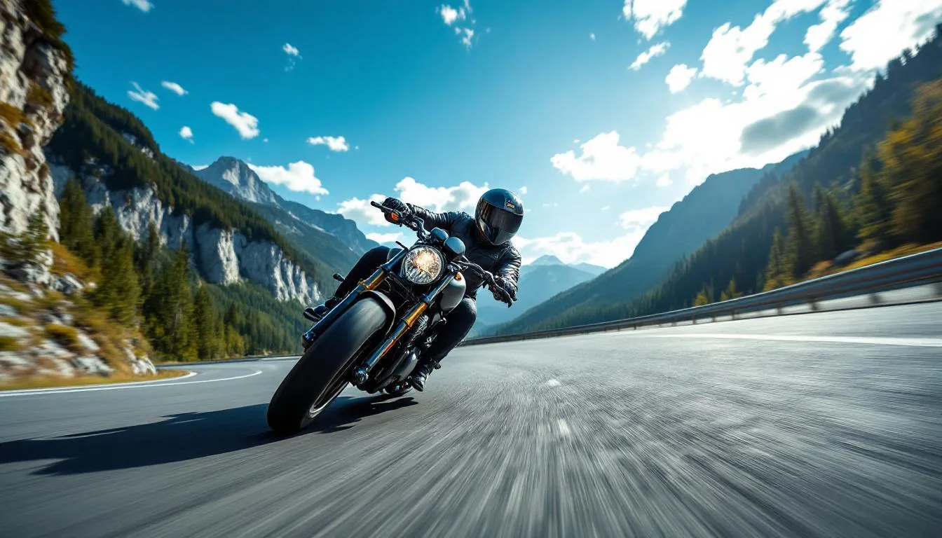 A motorcycle rider navigates a curved mountain highway, surrounded by lush greenery and rocky cliffs. The scene captures the essence of transportation adventure, highlighting the rider's skill and the beauty of the landscape.