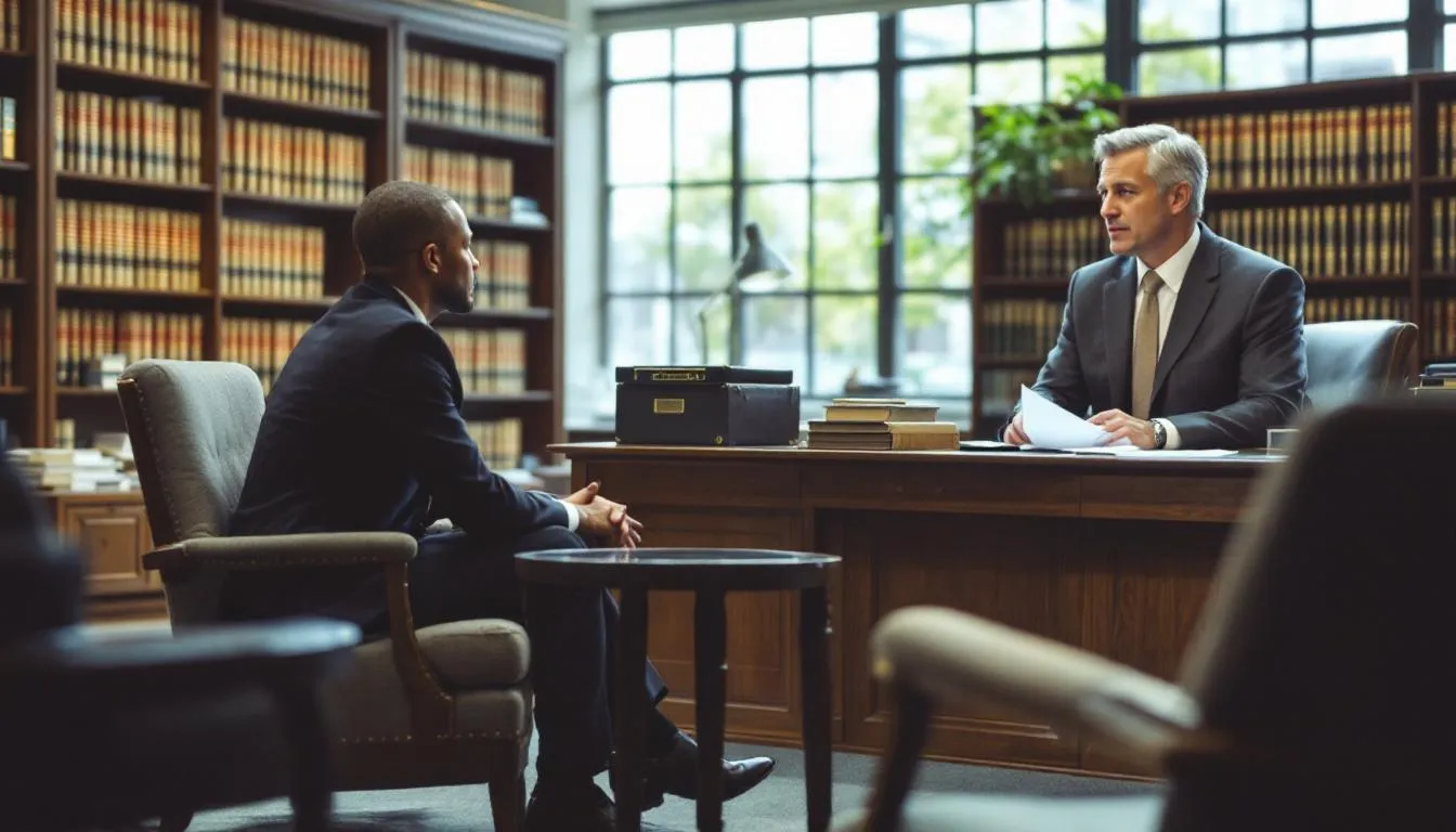 Can I Sue Maverick Wind Energy, If I Was Hurt During a Wind Farm Accident? 4 A person is sitting across from a lawyer in a well-lit office, discussing details about a claim related to an incident involving an insurance company. The lawyer appears attentive, as they talk about how the accident affected different parts of the person's life and what steps to take next.