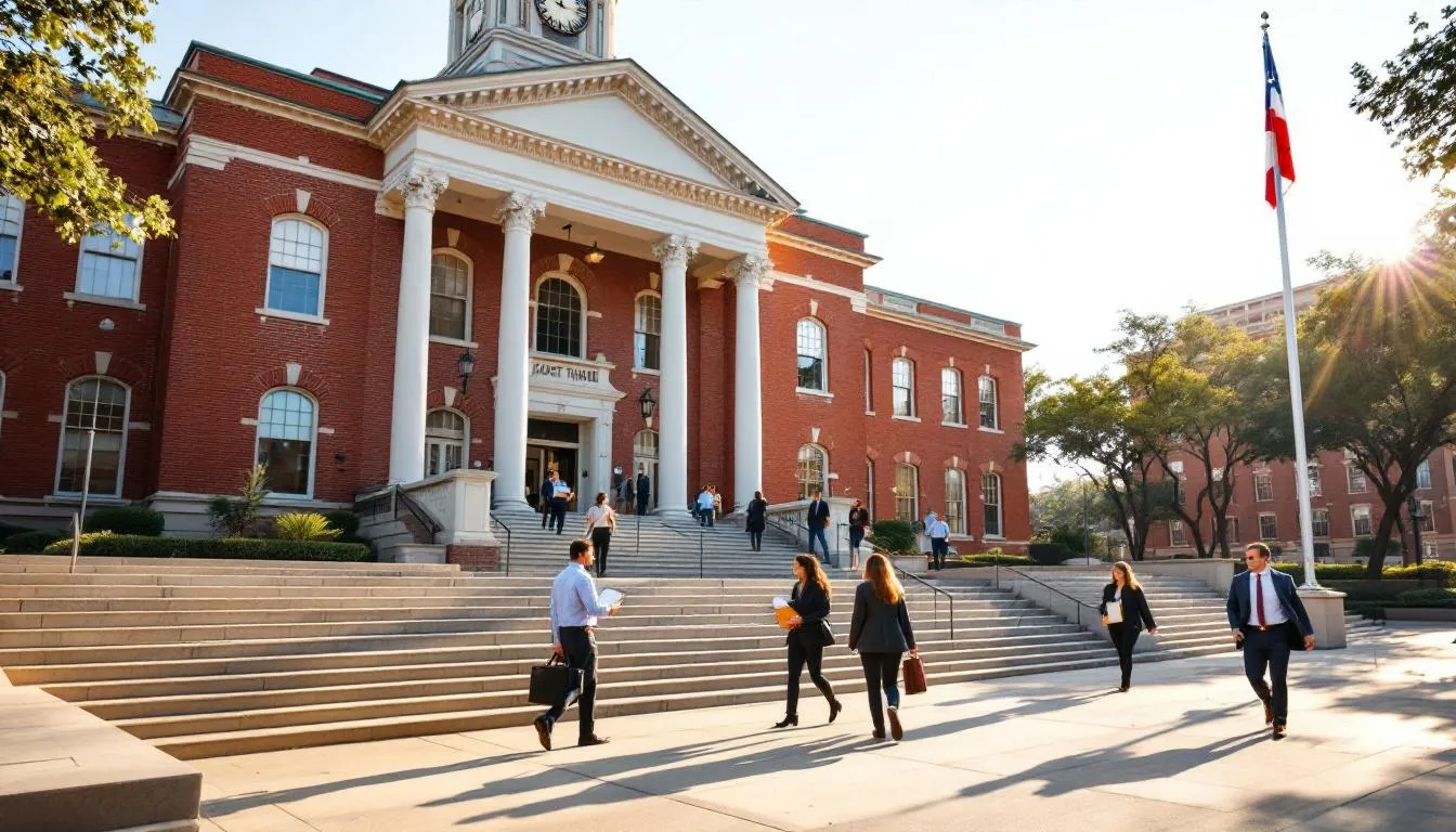 The image shows a Texas courthouse building with a group of workers ascending the front steps, symbolizing the journey of injured workers seeking legal representation and workers compensation benefits. This scene reflects the importance of understanding Texas workers compensation laws and the legal rights of those affected by workplace injuries.