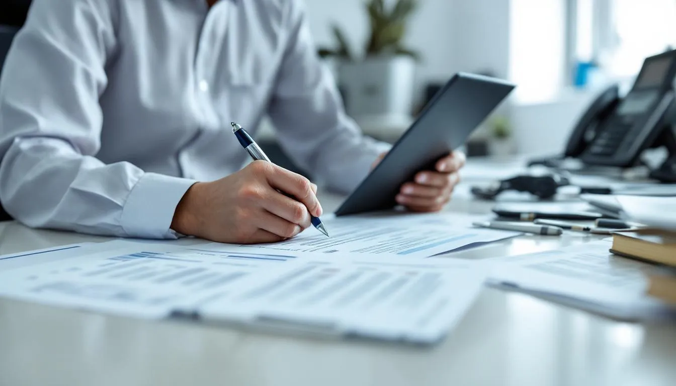 A person is sitting at a desk, carefully filling out official paperwork while surrounded by medical documents, indicating a focus on handling a workers compensation claim related to a workplace injury. The scene reflects the importance of documenting personal injury claims and navigating the process of receiving benefits for medical treatment and lost wages.