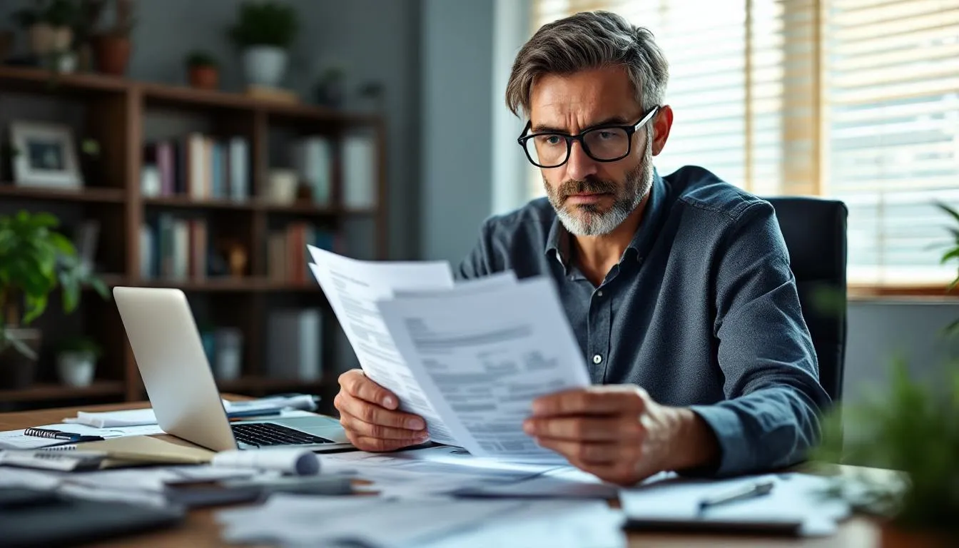 Lawyers for Accident Claims: Your Guide to Legal Representation After an Injury 4 A person is seated at a desk, meticulously reviewing medical bills and insurance documents related to a car accident claim, highlighting the importance of understanding medical expenses and the legal process involved in seeking fair compensation for accident victims.