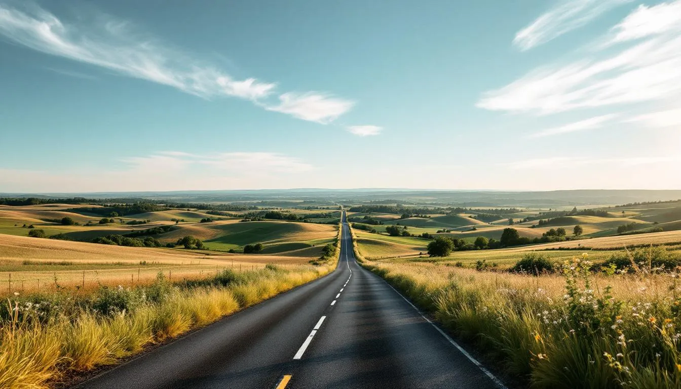 A rural highway winds through a picturesque countryside landscape, surrounded by lush green fields and distant hills, illustrating a serene scene of transportation away from urban areas. This tranquil setting contrasts sharply with the potential for incidents such as vehicle crashes, where local police and traffic departments may investigate cases involving injuries or fatalities.