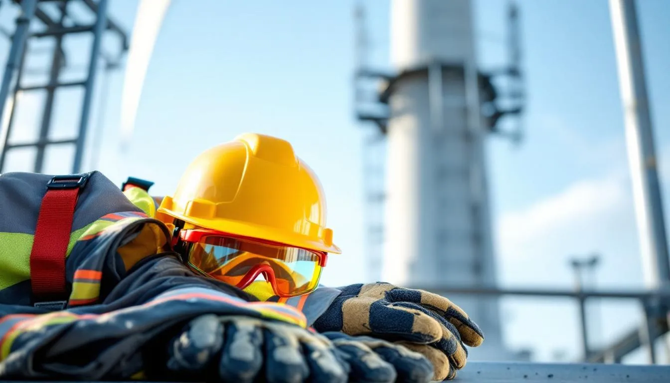 The image depicts various safety equipment and protective gear used at a wind energy facility, including helmets, harnesses, gloves, and safety vests, emphasizing the importance of safety measures to prevent injuries in high-risk environments like wind energy operations. Proper protective gear is essential for workers to mitigate risks and ensure their safety while performing long hours in potentially hazardous settings.