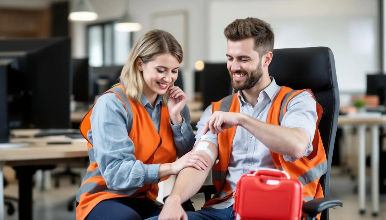 In a workplace setting, a colleague is providing first aid treatment to an injured worker, highlighting the importance of immediate medical care following a workplace injury. This scene emphasizes the need for proper support and the process of filing a workers compensation claim for medical expenses and lost wages.