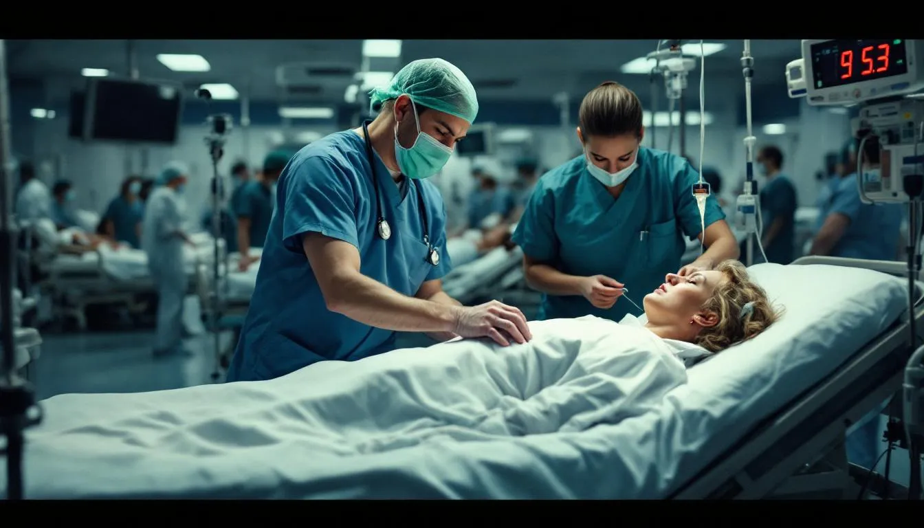 In a bustling hospital emergency room, a team of medical professionals is attentively treating a patient who has sustained serious injuries, potentially from a truck accident. The scene captures the urgency of medical care as doctors and nurses work together to address the patient's needs and manage their medical expenses.