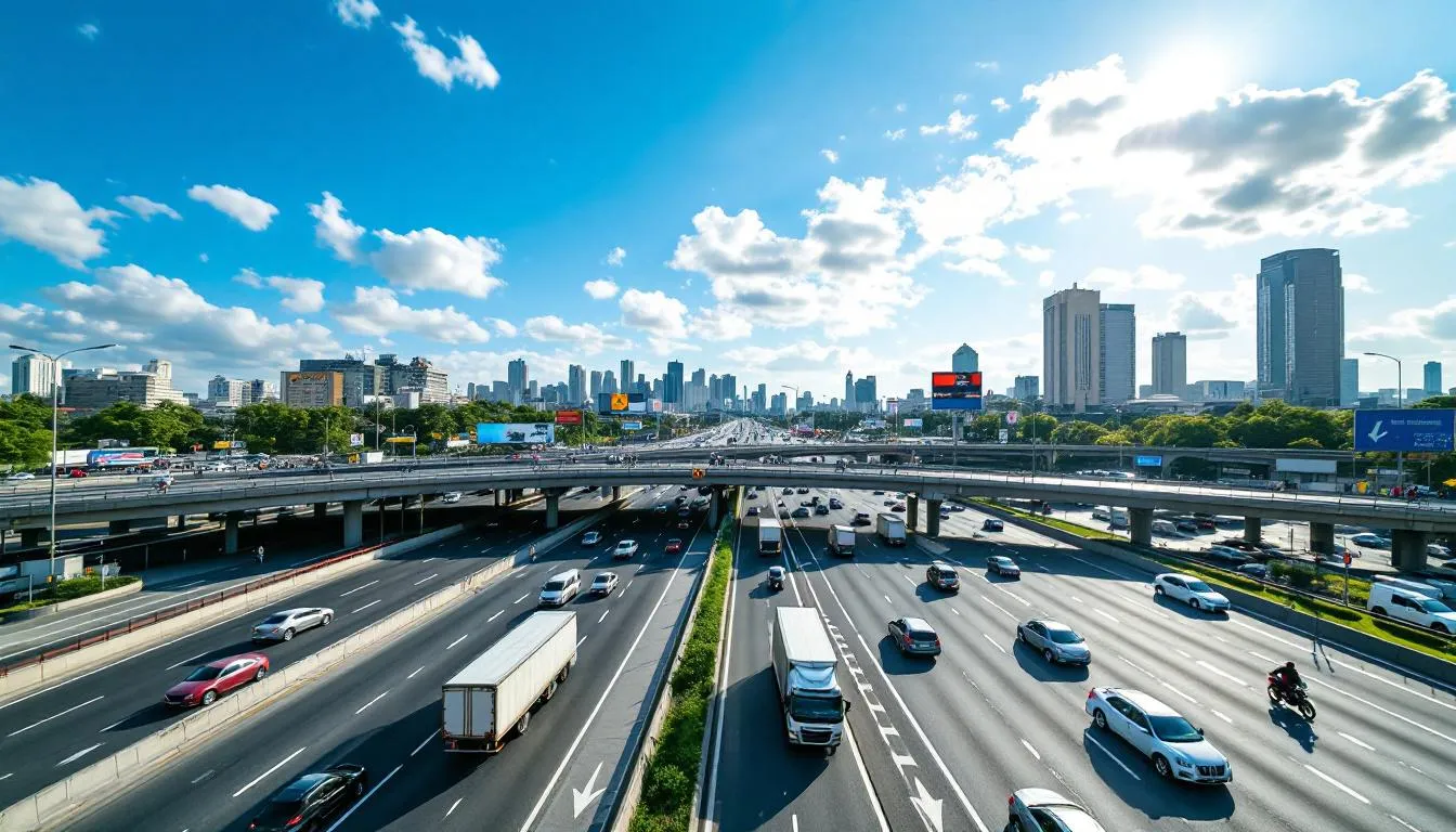 An overhead view of a busy highway intersection during the day, featuring multiple lanes of vehicles in motion, with some cars appearing to slow down due to an incident. The scene suggests a potential vehicle crash, prompting police and emergency services to investigate the area for further information.