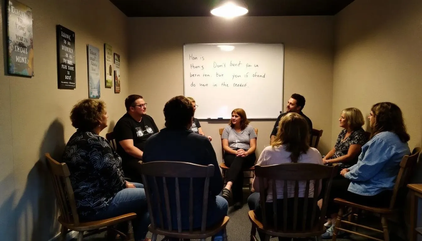 In a support group meeting, individuals are seated in a circle, actively engaging in a discussion about their experiences with traumatic brain injuries. The atmosphere is supportive, emphasizing emotional support and coping skills for those affected by head injuries and cognitive difficulties.