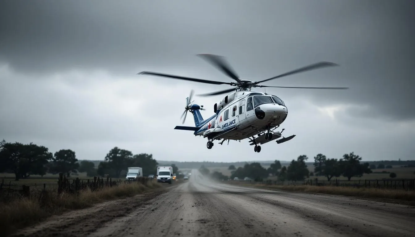 Buffalo Gap Car Accidents: Recent Incidents and Safety Concerns 5 An emergency medical helicopter is landing on a rural road in Buffalo Gap, Texas, on the southbound side, near a recent accident involving a truck and an SUV. Police are present at the scene, responding to the crash and ensuring the safety of the community while directing traffic away from the wreck.