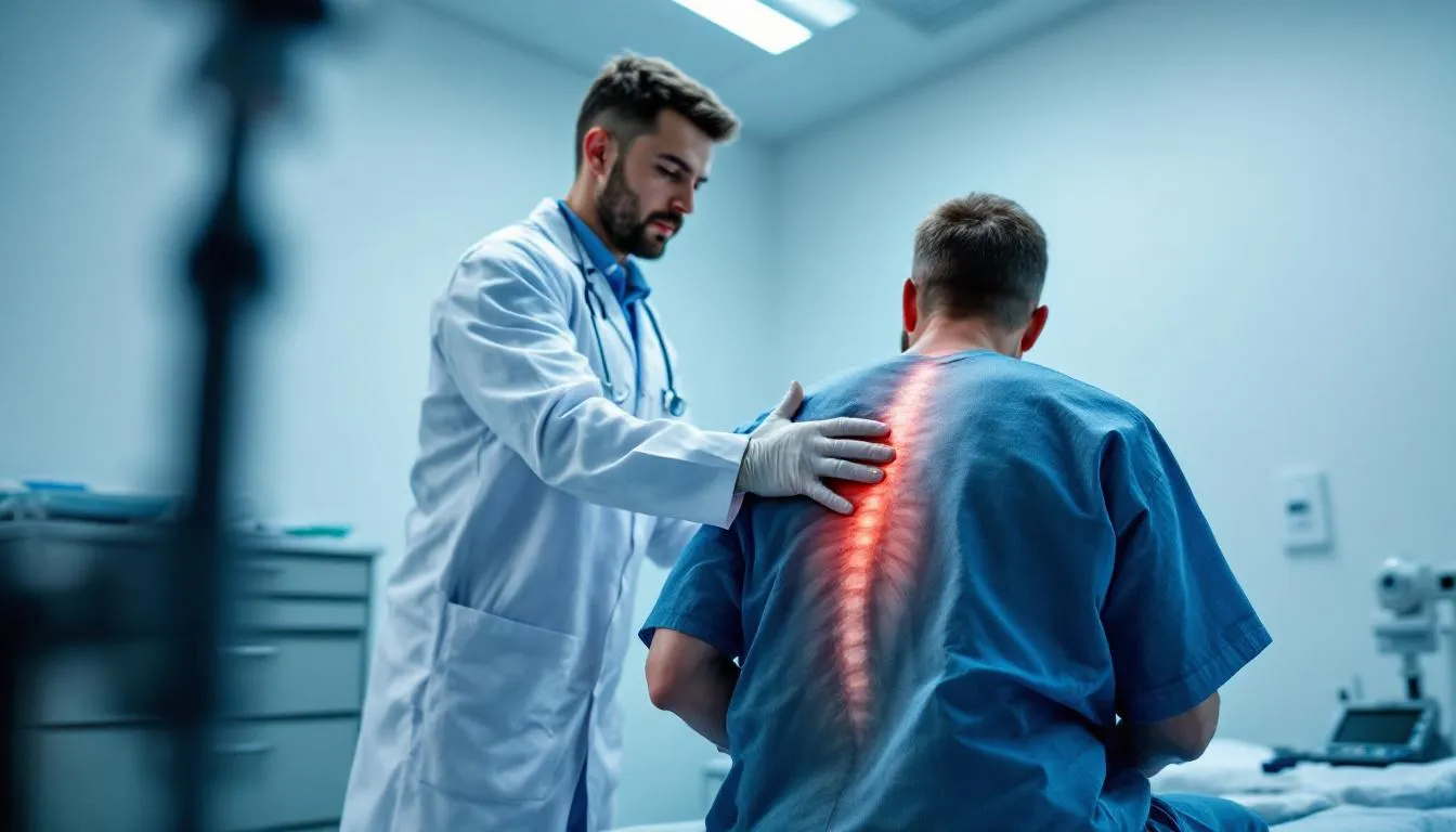 A medical professional is examining an injured worker's back in a clinical setting, focusing on assessing their condition following a workplace injury. This scene highlights the importance of medical treatment in the process of filing a workers compensation claim for benefits related to lost wages and medical costs.