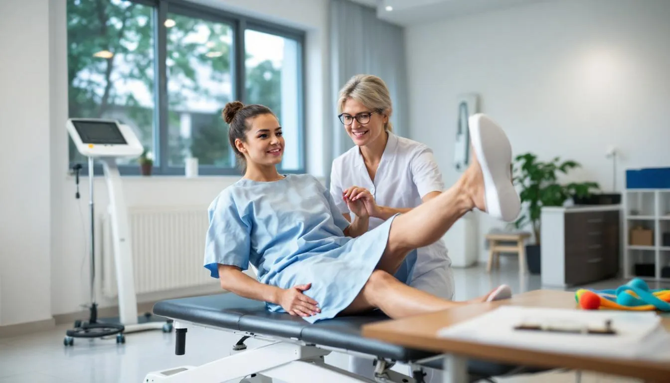 In a bright rehabilitation facility, a person in recovery is working closely with a physical therapist, focusing on exercises to regain strength and mobility after experiencing a traumatic brain injury. The supportive environment highlights the importance of medical care and rehabilitation in overcoming the challenges of brain injuries.