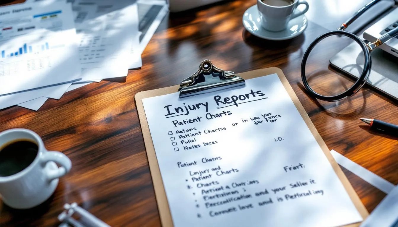 Can I Sue Maverick Wind Energy, If I Was Hurt During a Wind Farm Accident? 3 An organized desk featuring medical documents and a clipboard, symbolizing the process of injury documentation for an insurance claim. The scene reflects the connection between the affected parts of the body and the necessary steps to pay for medical expenses after an accident.