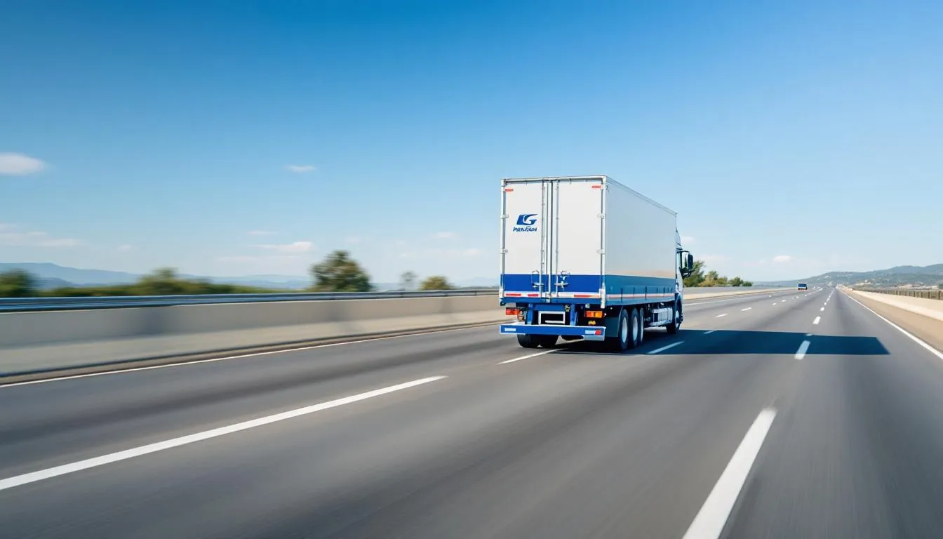 A commercial truck is driving on a highway during the daytime, surrounded by clear blue skies and green landscapes. This image depicts the importance of safety on the road, as truck accidents can lead to severe injuries and personal injury claims for victims.
