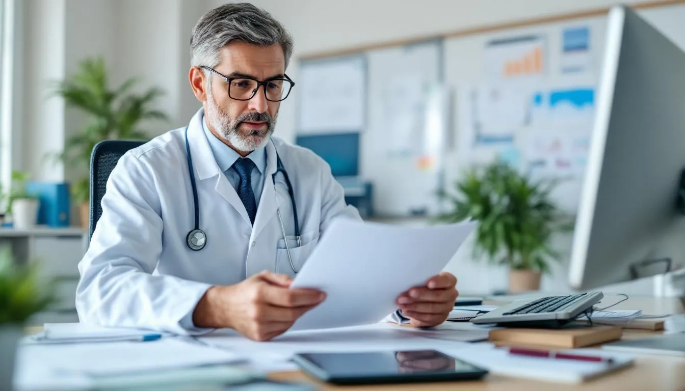 A medical professional is reviewing workplace injury documentation, which includes details about on-the-job injuries and potential workers compensation claims. The scene highlights the importance of pursuing legal action for injured workers to recover compensation for medical expenses and lost wages.