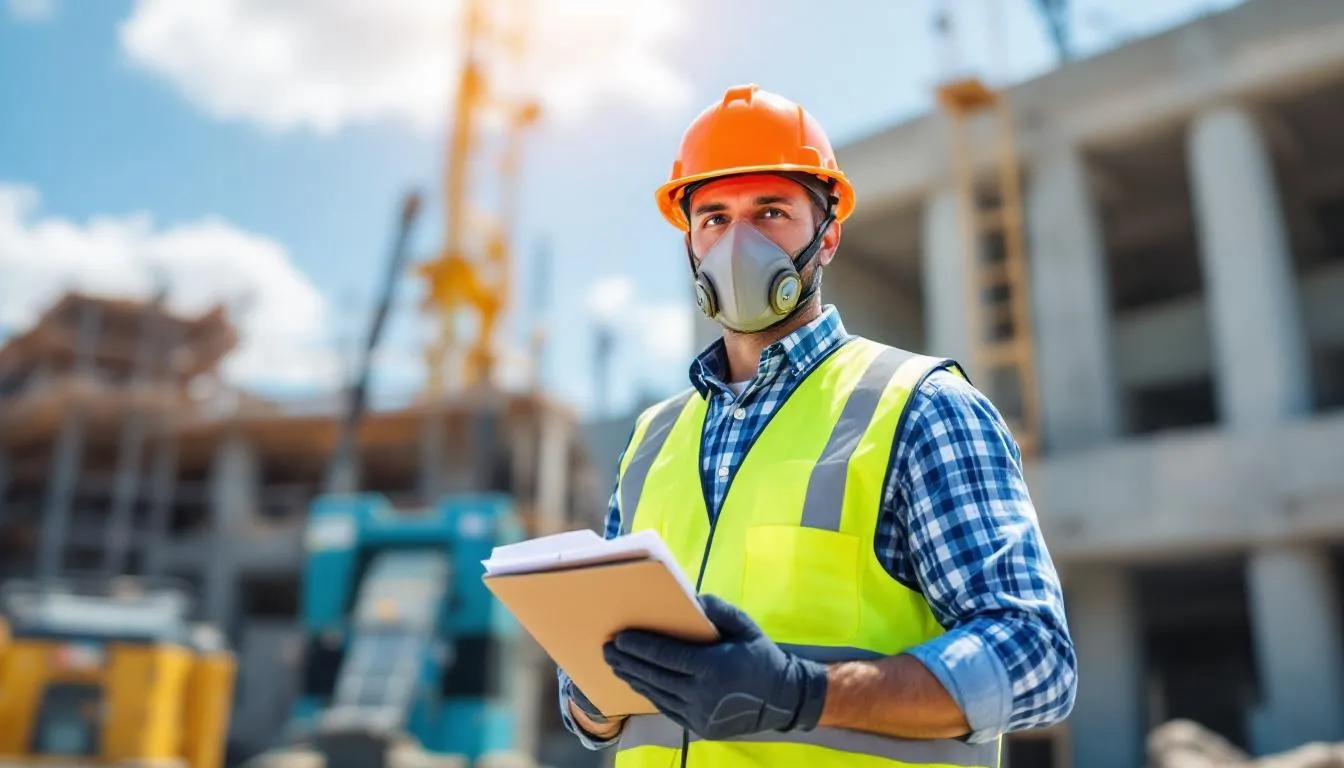 A Texas construction worker is seen wearing a hard hat and safety gear at a job site, emphasizing the importance of safety measures in the workplace. This image highlights the role of workers compensation lawyers in Texas, who assist injured workers in navigating claims related to workplace injuries and obtaining necessary benefits.
