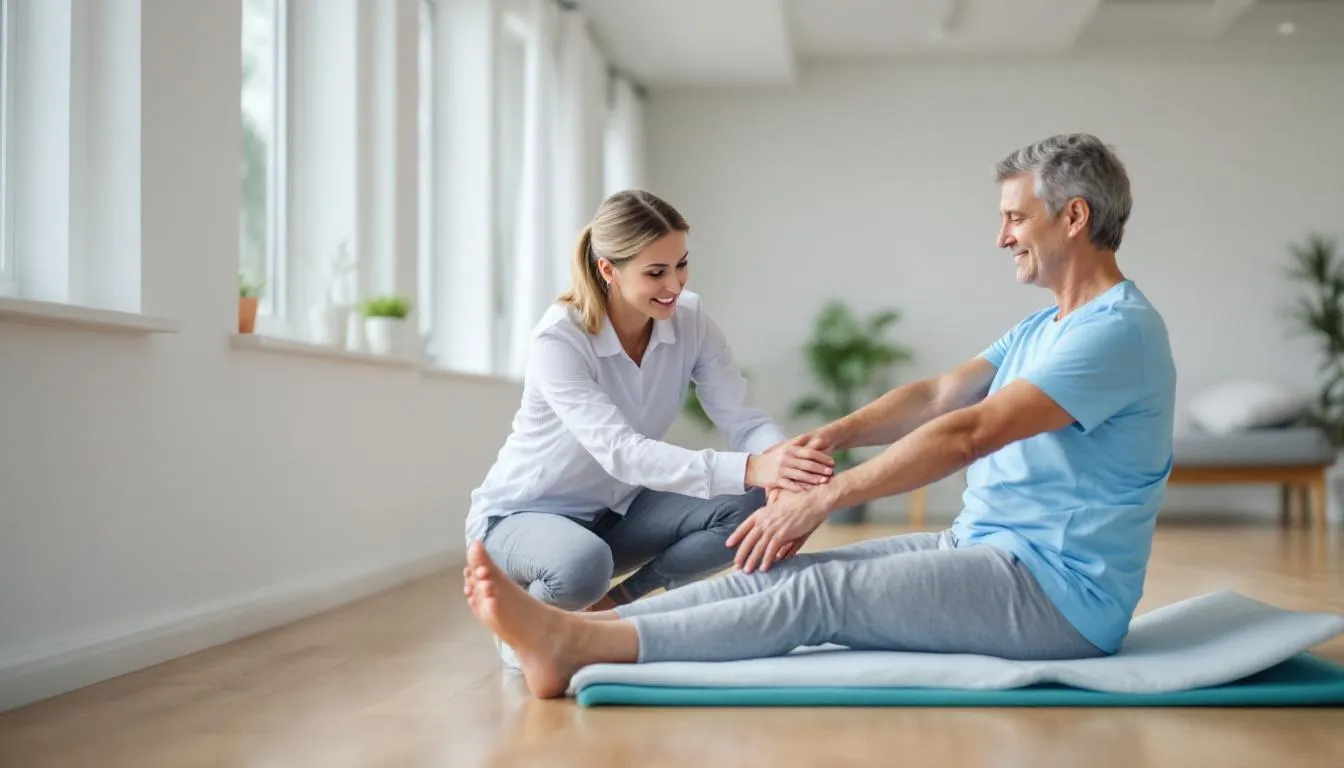 In a bright rehabilitation facility, a patient engages in physical therapy with a therapist, focusing on recovery from a traumatic brain injury. The environment is supportive, highlighting the importance of rehabilitation in addressing cognitive difficulties and promoting functional independence.