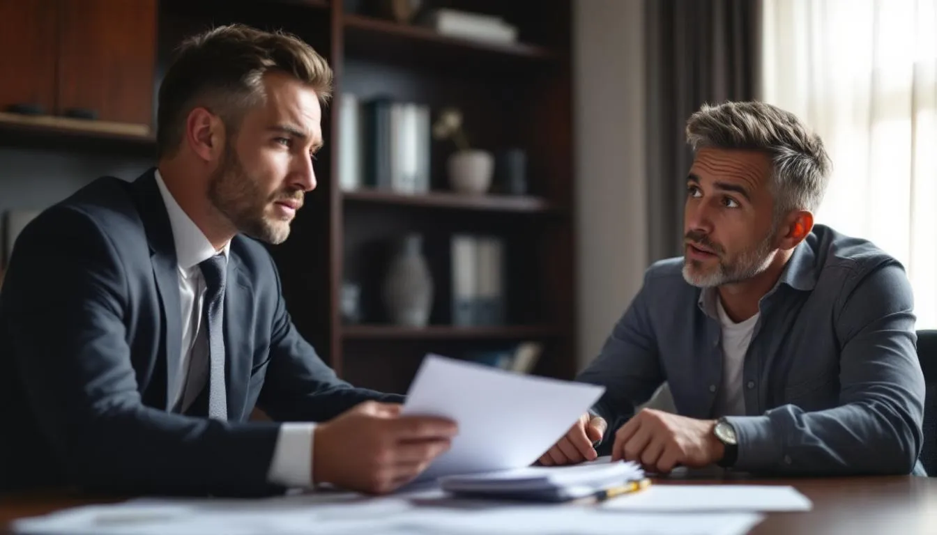 In the image, an attorney is engaged in a professional consultation with an injured worker, as they review legal documents related to a workplace injury. The setting conveys a sense of seriousness as they discuss options for filing a workers compensation claim and the potential benefits available for medical treatment and lost wages.