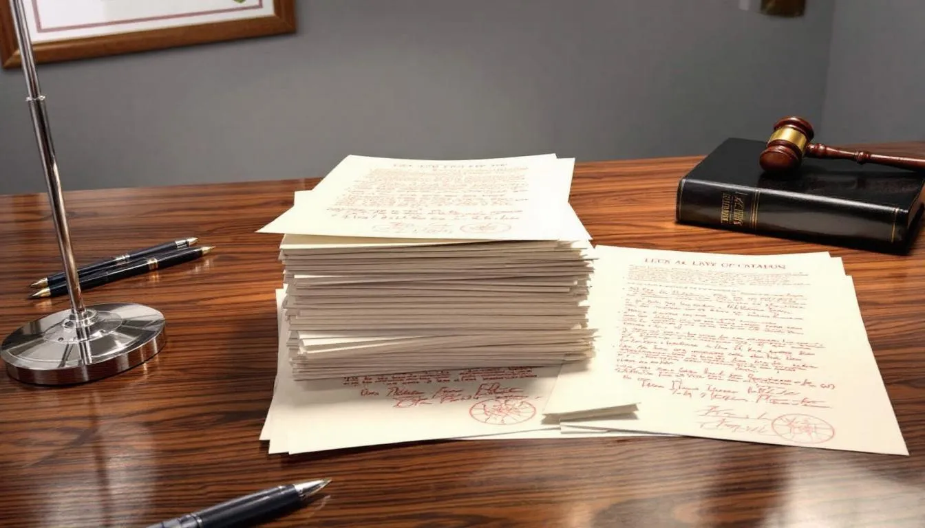 In the image, a collection of legal documents is spread across a desk alongside a gavel, symbolizing the legal process involved in truck accident lawsuits. This scene represents the work of truck injury attorney who assist truck accident victims in seeking compensation for their injuries and related expenses.