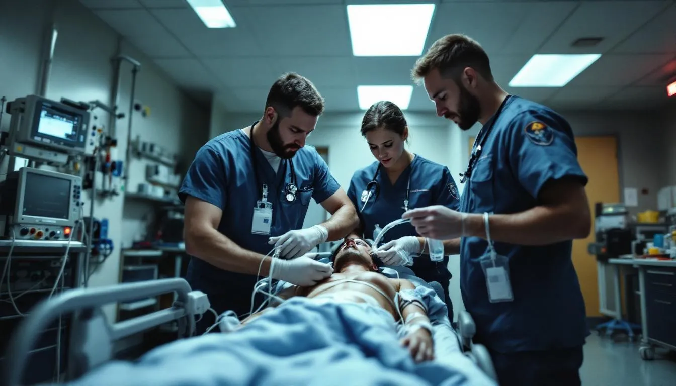 In a hospital trauma bay, an emergency medical team is assessing a patient who may have sustained a traumatic brain injury, surrounded by medical equipment and monitors. The team is focused on evaluating the patient's condition, which could involve checking for signs of head trauma and determining the appropriate emergency treatment.