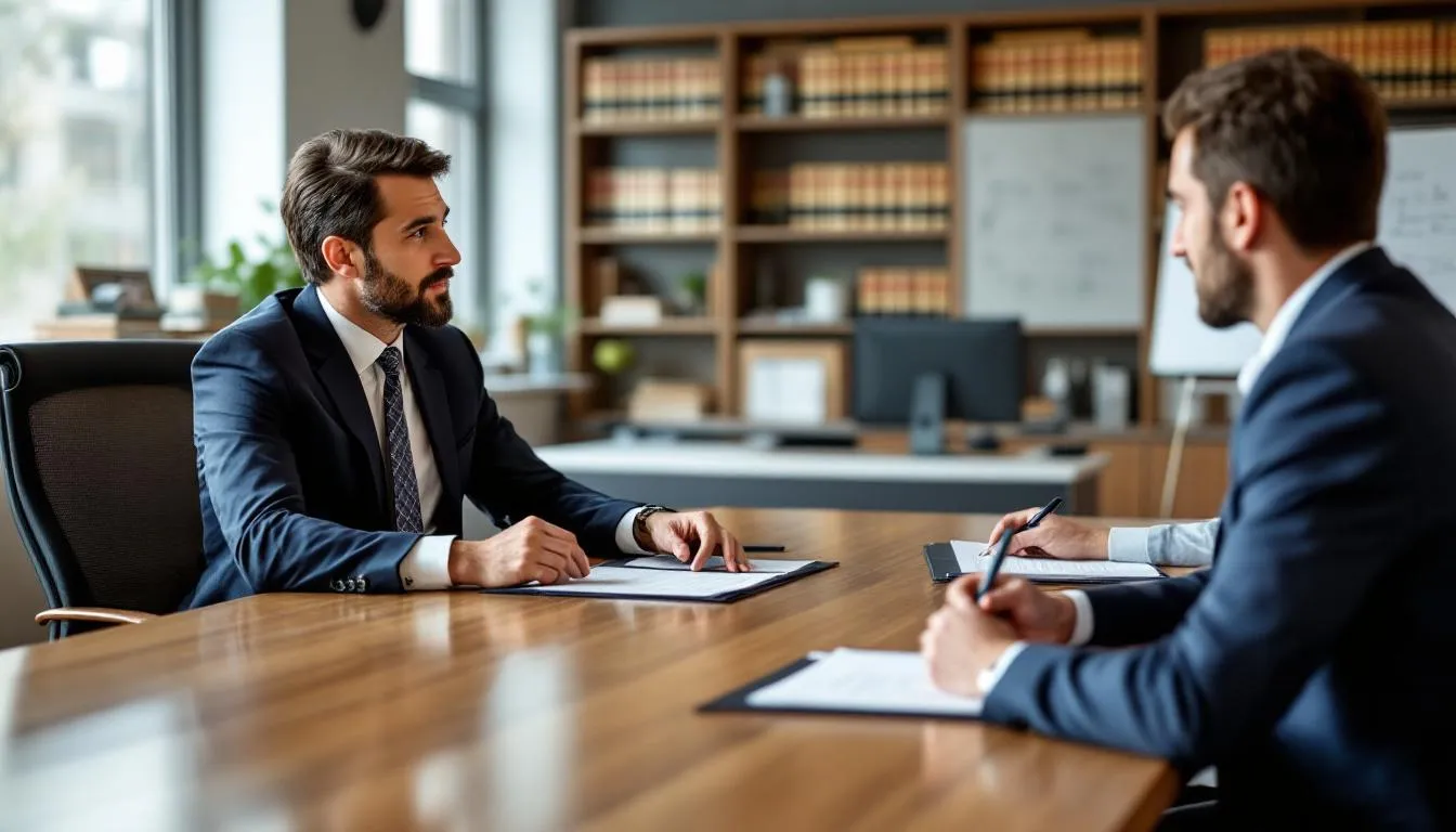 In a professional office setting, a truck injury attorney is meeting with clients, discussing legal strategies regarding truck accident cases. The atmosphere is serious yet supportive, as they focus on how to pursue compensation for injuries sustained in trucking accidents.