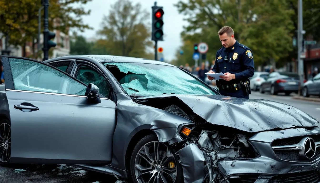 Uninsured Motorist Lawyer: Your Guide to Recovery After an Accident 1 A damaged car is shown at the accident scene, with a police officer taking notes nearby, likely documenting details for the insurance claim. This image highlights the aftermath of a car accident, which may involve issues related to uninsured or underinsured motorists and the importance of adequate insurance coverage.