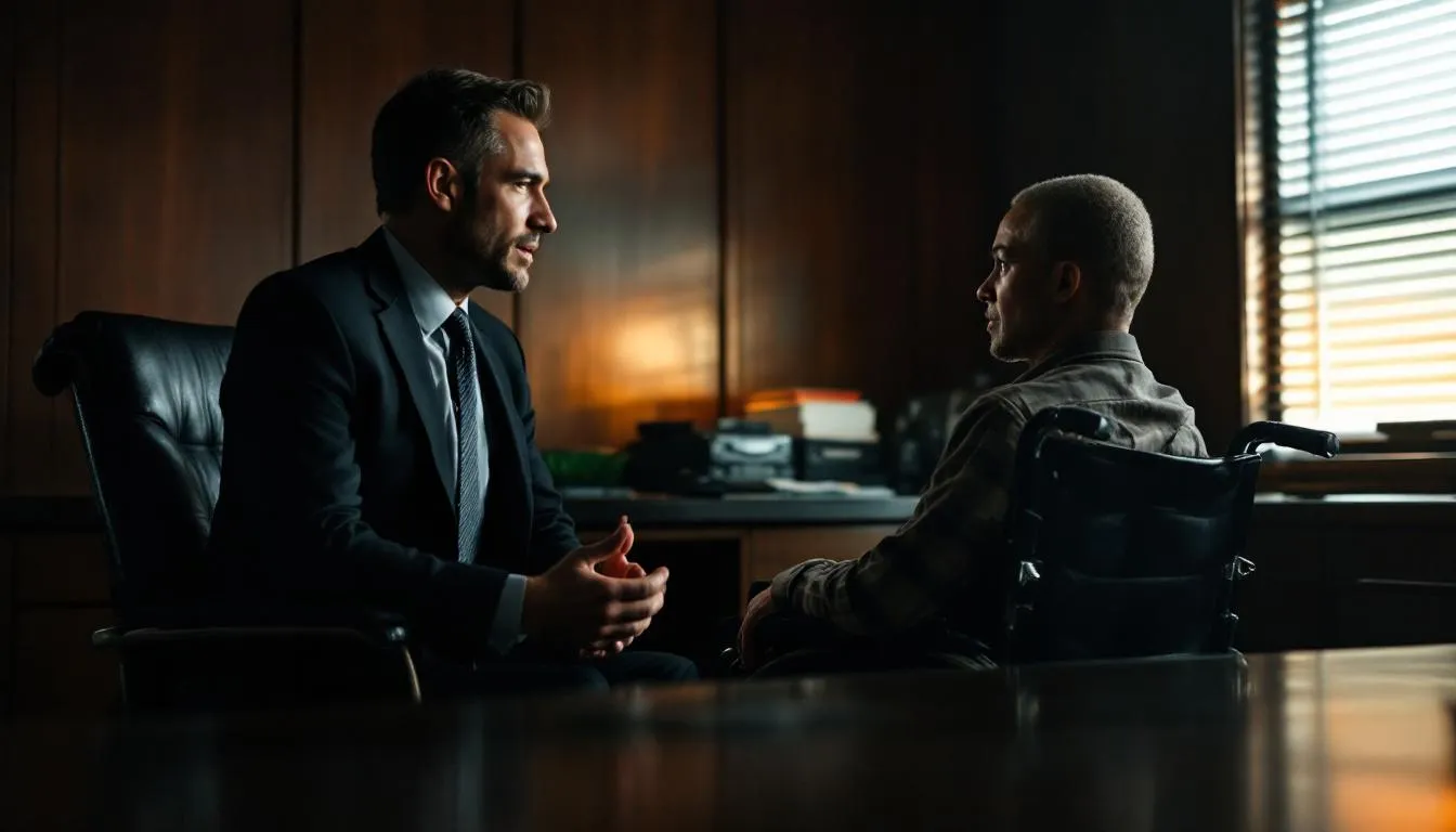 An attorney is seated at a desk, consulting with an injured worker about their legal options following a workplace injury. The discussion involves topics such as workers compensation benefits, personal injury claims, and pursuing fair compensation for lost wages and medical expenses.