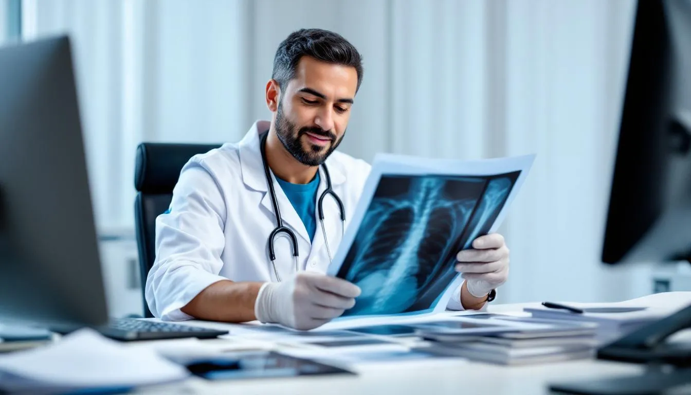 Lawyers for Accident Claims: Your Guide to Legal Representation After an Injury 3 A medical professional is intently examining injury-related documents and X-rays, likely assessing the medical expenses and treatment needed for car accident victims involved in a personal injury claim. The setting suggests a focus on understanding the implications of the injuries for potential car accident lawsuits and settlements.