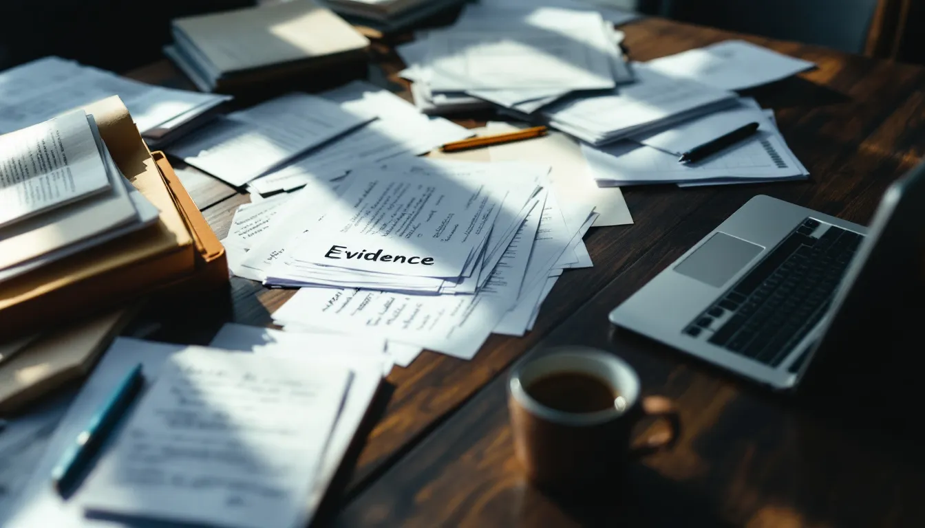 The image shows a cluttered desk filled with legal documents and evidence files related to truck accidents, including medical records and accident reports. This scene highlights the complexities involved in truck accident claims and the legal process that truck accident victims must navigate to seek compensation.