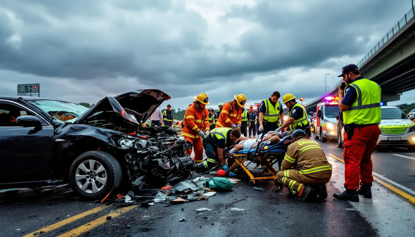 Car Crash Attorney: Your Complete Guide to Legal Representation After an Auto Accident 1 The image depicts a serious car accident scene with emergency responders attending to the damaged vehicles and assisting the injured victims. The chaotic environment highlights the aftermath of a car crash, emphasizing the need for experienced car accident lawyers to help navigate the legal process and recover compensation for medical bills and other expenses.