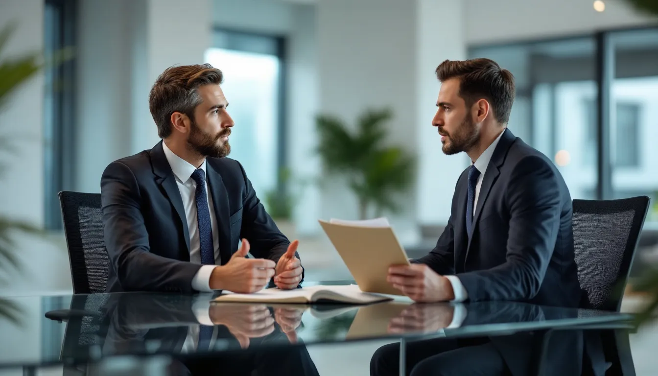 A professional car accident lawyer is consulting with a car accident victim in a modern law office, discussing the details of the car accident case and the potential for personal injury claims. The atmosphere is focused and supportive, emphasizing the importance of legal representation for accident victims navigating insurance claims and medical expenses.