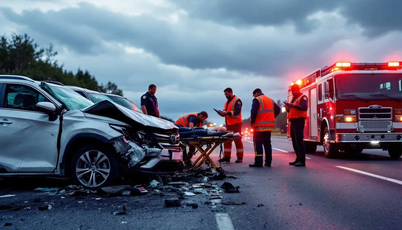Houston Vehicle Accident Lawyers - Get Maximum Compensation for Your Injuries 3 In the image, several damaged vehicles are seen at the scene of a car accident, with emergency responders attending to the situation. The scene highlights the aftermath of a motor vehicle accident, emphasizing the importance of seeking legal representation from experienced car accident attorneys for those affected.