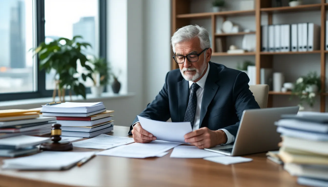 An experienced car accident attorney is focused on reviewing case documents and medical records, assessing the details of car accident injuries and associated medical bills to prepare for a potential car accident claim. This scene highlights the attorney's dedication to helping accident victims navigate the complexities of personal injury law and insurance claims.