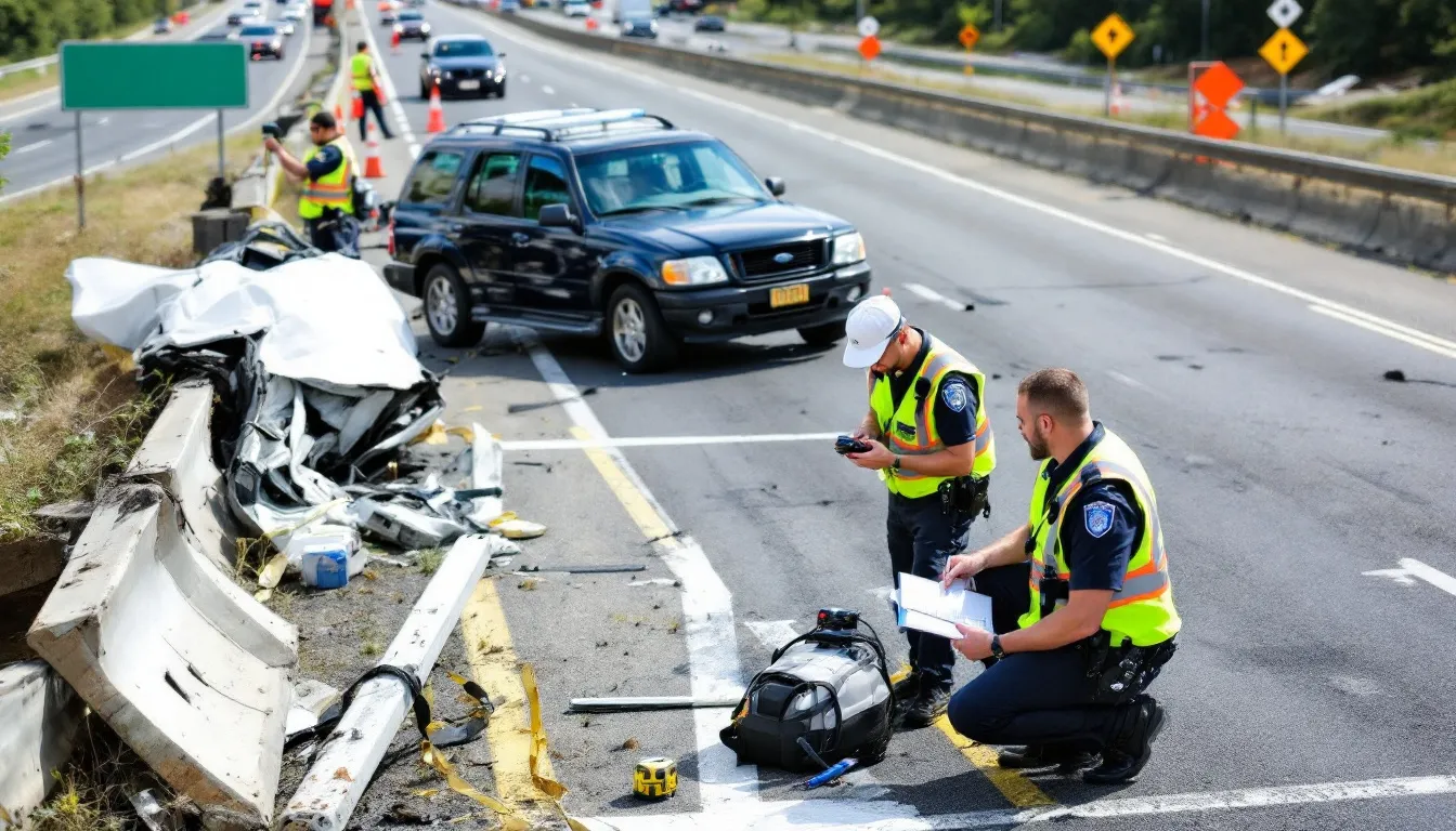 Houston Car Crash Deaths: Recent Fatal Accidents and Safety Concerns 5 Police investigators are examining a crash scene on a Texas state highway, using measuring equipment to gather information about the incident involving an alleged drunk driver. The scene, marked by signs of a car that caught fire, reflects the tragic outcome where a person was pronounced dead and others were injured in the impact.