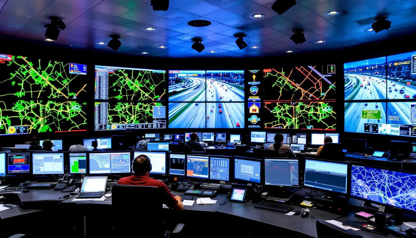 Car Accidents in Houston, Texas: A Complete Guide 3 The image depicts the Houston traffic monitoring center, featuring multiple screens that display real-time highway conditions, including traffic flow, accidents, and road signs. This hub plays a crucial role in managing motor vehicle safety and reducing incidents such as car accidents and collisions.