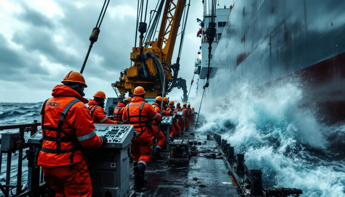 Maritime Injury: Understanding Your Rights and Legal Protections at Sea 1 The image depicts maritime workers diligently operating heavy equipment on the deck of a commercial vessel amidst rough seas, highlighting the challenging and potentially hazardous conditions they face in the maritime industry. Such unsafe conditions can lead to serious maritime injuries, making it crucial for injured maritime workers to understand their rights and legal options.