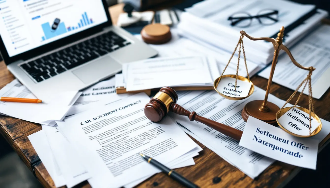 Car Crash Attorney: Your Complete Guide to Legal Representation After an Auto Accident 4 The image depicts a desk cluttered with legal documents and a pair of scales of justice, symbolizing the complex car accident lawsuit process. It emphasizes the role of car accident lawyers in navigating claims for compensation, medical expenses, and the legal rights of accident victims.