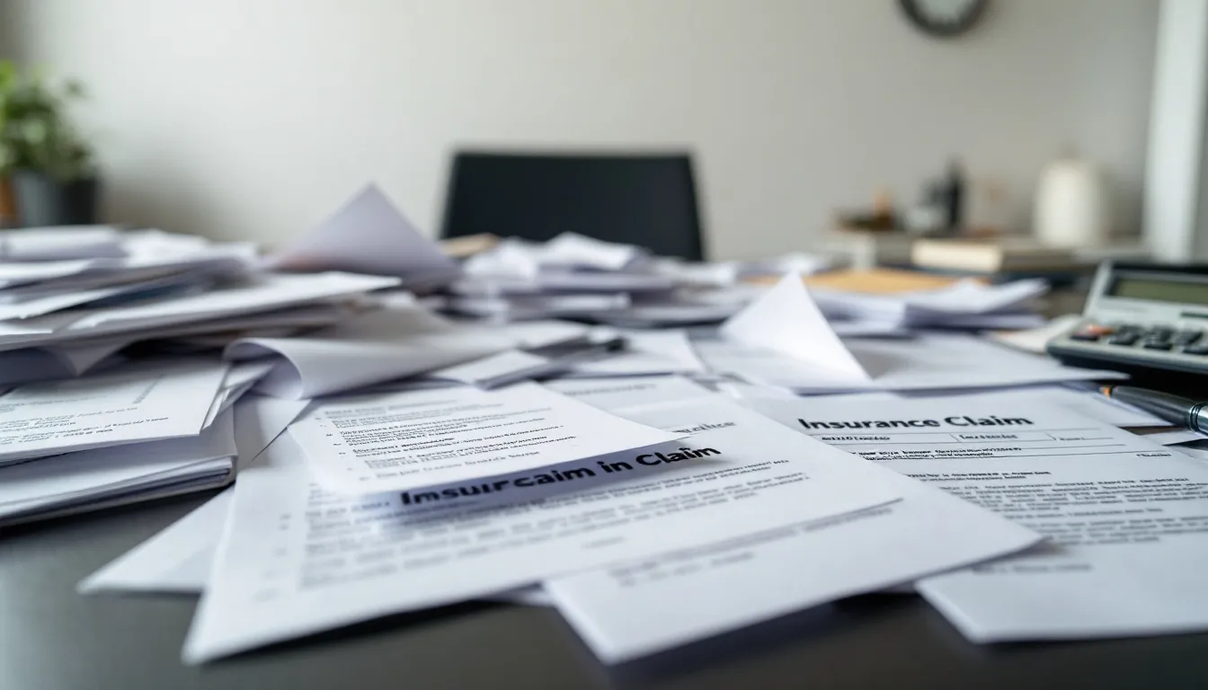 The image shows a cluttered table filled with various insurance paperwork and claim documents related to truck accidents, including forms for medical bills and accident reports. This paperwork is essential for truck accident victims seeking compensation for serious injuries or losses incurred from rear end truck collisions.