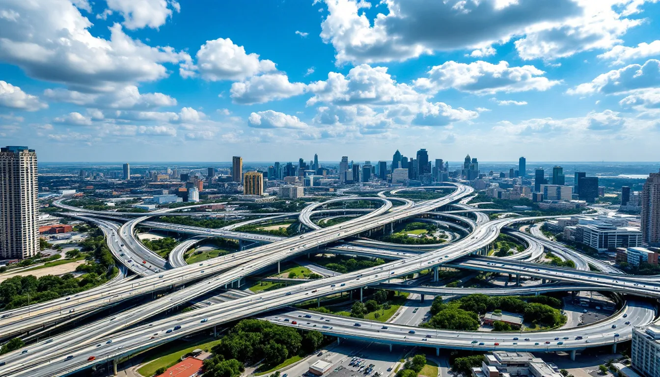 Houston Vehicle Accident Lawyers - Get Maximum Compensation for Your Injuries 5 An aerial view of a busy highway interchange in Houston shows multiple lanes of traffic, highlighting the complexity of the road system where many car accidents can occur. This bustling scene underscores the importance of experienced car accident attorneys who can assist victims navigating the aftermath of motor vehicle accidents.