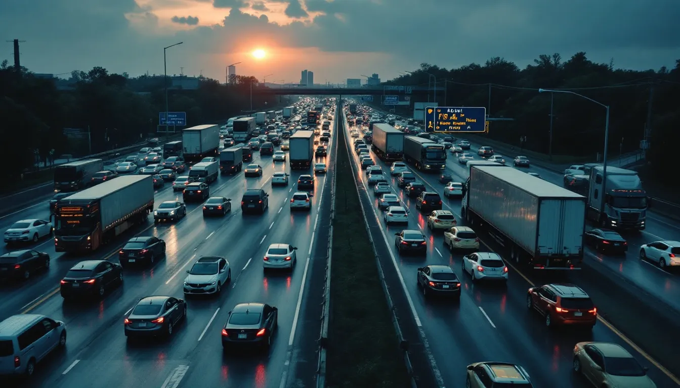 Houston Car Crash Deaths: Recent Fatal Accidents and Safety Concerns 1 The image depicts a congested Houston highway filled with vehicles, illustrating the perilous conditions that can lead to fatal crashes. In the scene, a car is seen near a red light, emphasizing the risks associated with heavy traffic and potential incidents involving alleged drunk drivers.