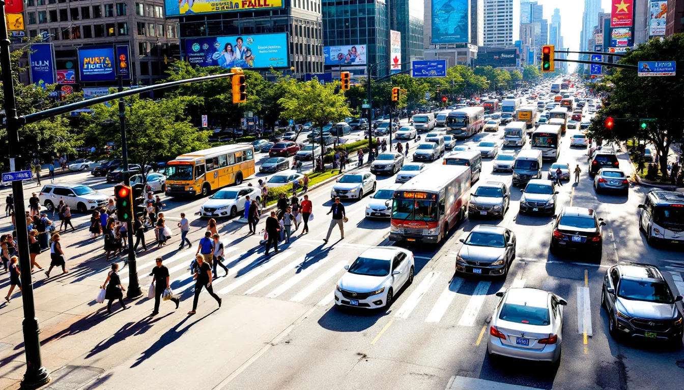 Houston Car Crash Deaths: Recent Fatal Accidents and Safety Concerns 3 The image depicts a busy Houston intersection filled with vehicles and pedestrians, featuring traffic lights and a mix of cars traveling westbound. The scene captures the everyday hustle of city life, with an emphasis on the roadway's importance in the context of traffic incidents, such as those involving alleged drunk drivers and car crashes.