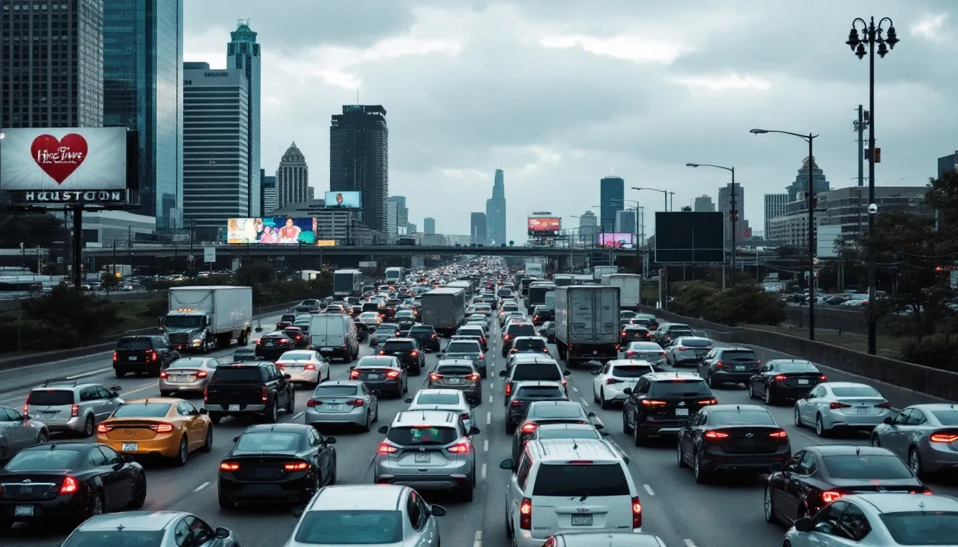 Car Accidents in Houston, Texas: A Complete Guide 1 In the image, heavy traffic congestion is visible on a Houston highway during rush hour, with multiple lanes filled with motor vehicles. The scene reflects a common cause of car accidents, highlighting the challenges drivers face, such as distracted driving and the risk of collisions with other drivers.
