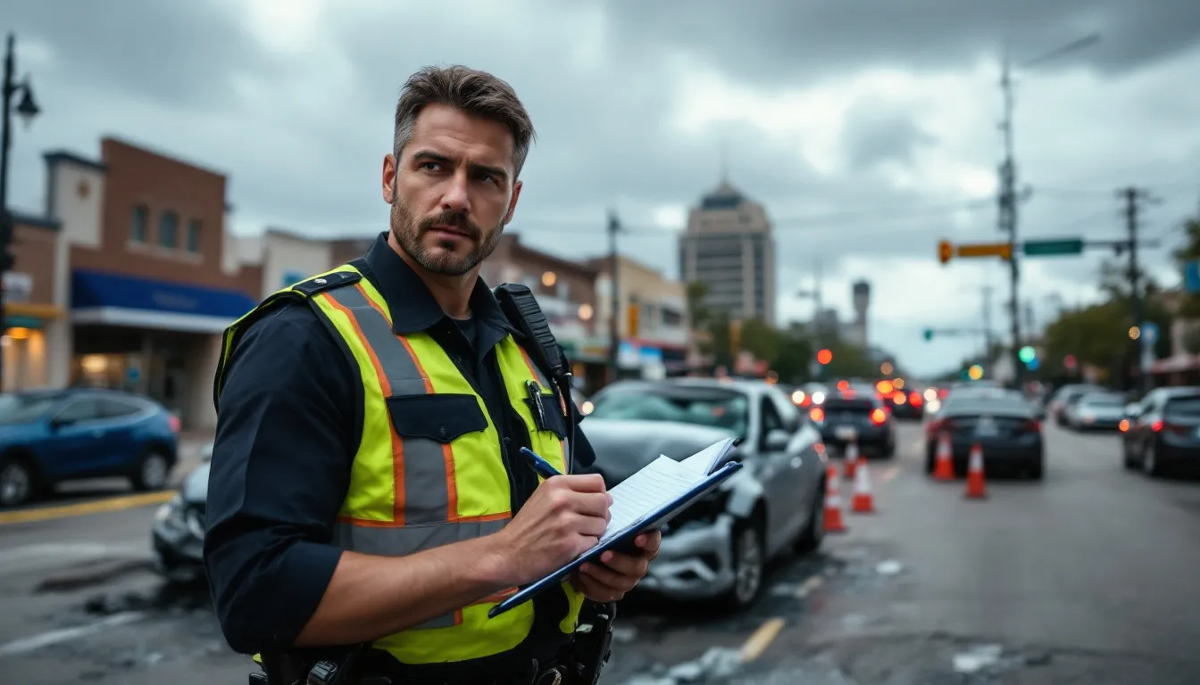 Car Accidents in Houston, Texas: A Complete Guide 2 A police officer is documenting a car accident scene on a Houston street, surrounded by damaged vehicles, including a parked vehicle and other cars involved in the collision. The officer is gathering evidence for the report, which may include information for insurance companies regarding property damage and potential personal injuries.