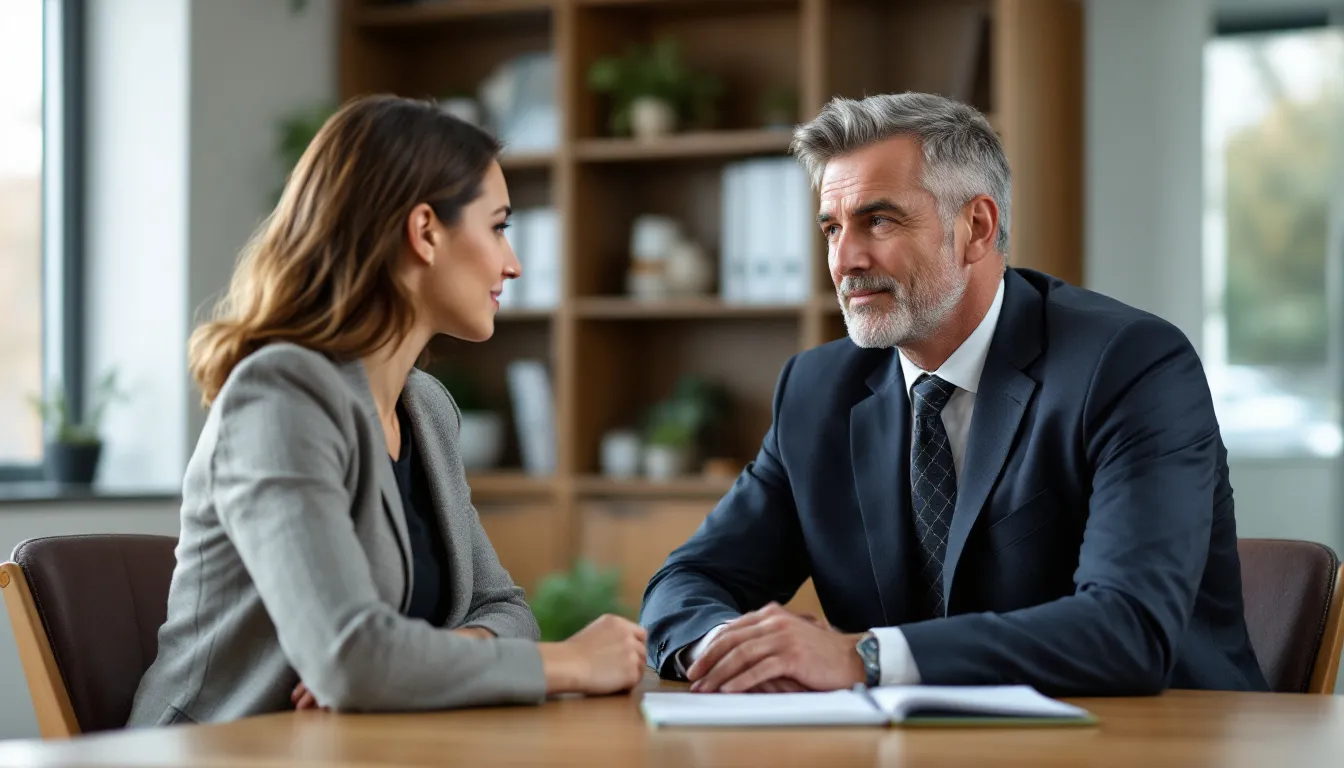 Houston Vehicle Accident Lawyers - Get Maximum Compensation for Your Injuries 2 In a professional office setting, a lawyer is engaged in a consultation with a client, discussing details related to a car accident claim. The atmosphere is serious yet supportive, reflecting the importance of legal representation for car accident victims seeking fair compensation for their injuries and medical expenses.