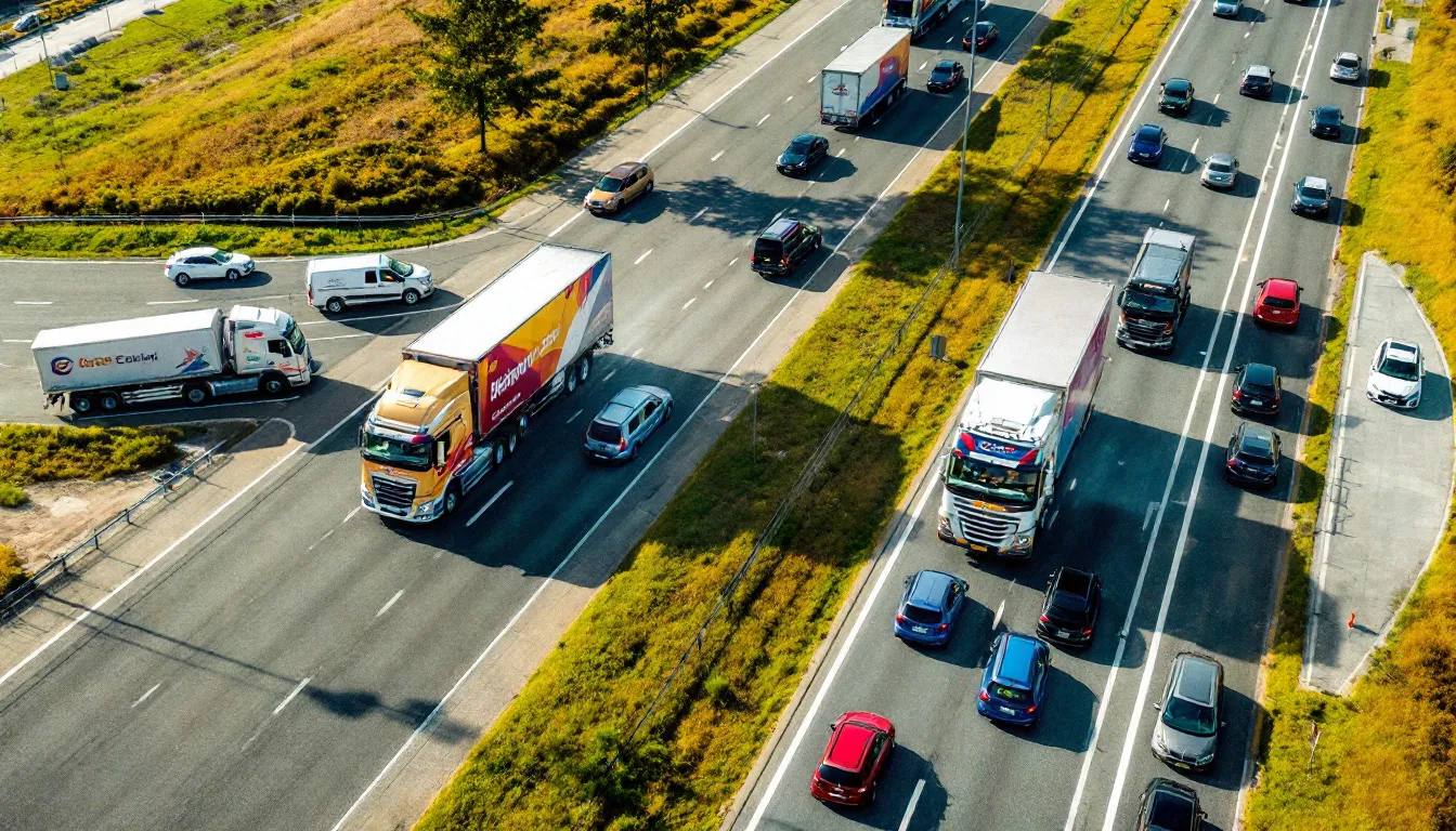 An aerial view captures a busy highway filled with multiple commercial trucks and passenger vehicles, illustrating the potential for truck accidents, including rear end collisions. This scene highlights the importance of safe driving practices among truck drivers and the risks of serious injuries in trucking accidents.
