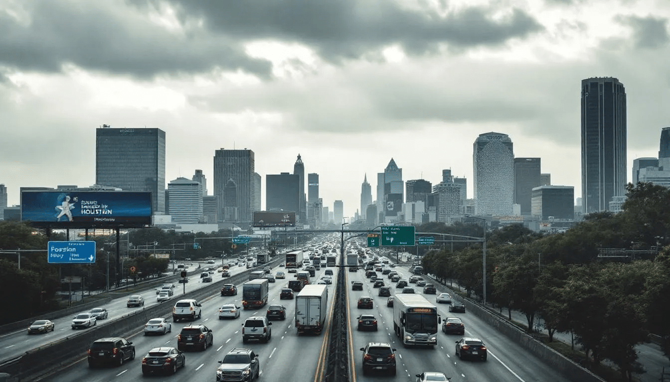 The image depicts a congested Houston highway during rush hour, with numerous vehicles at a standstill, highlighting the common occurrence of car accidents in the area. This scene emphasizes the importance of seeking legal representation from Houston car accident attorneys for those involved in personal injury cases.