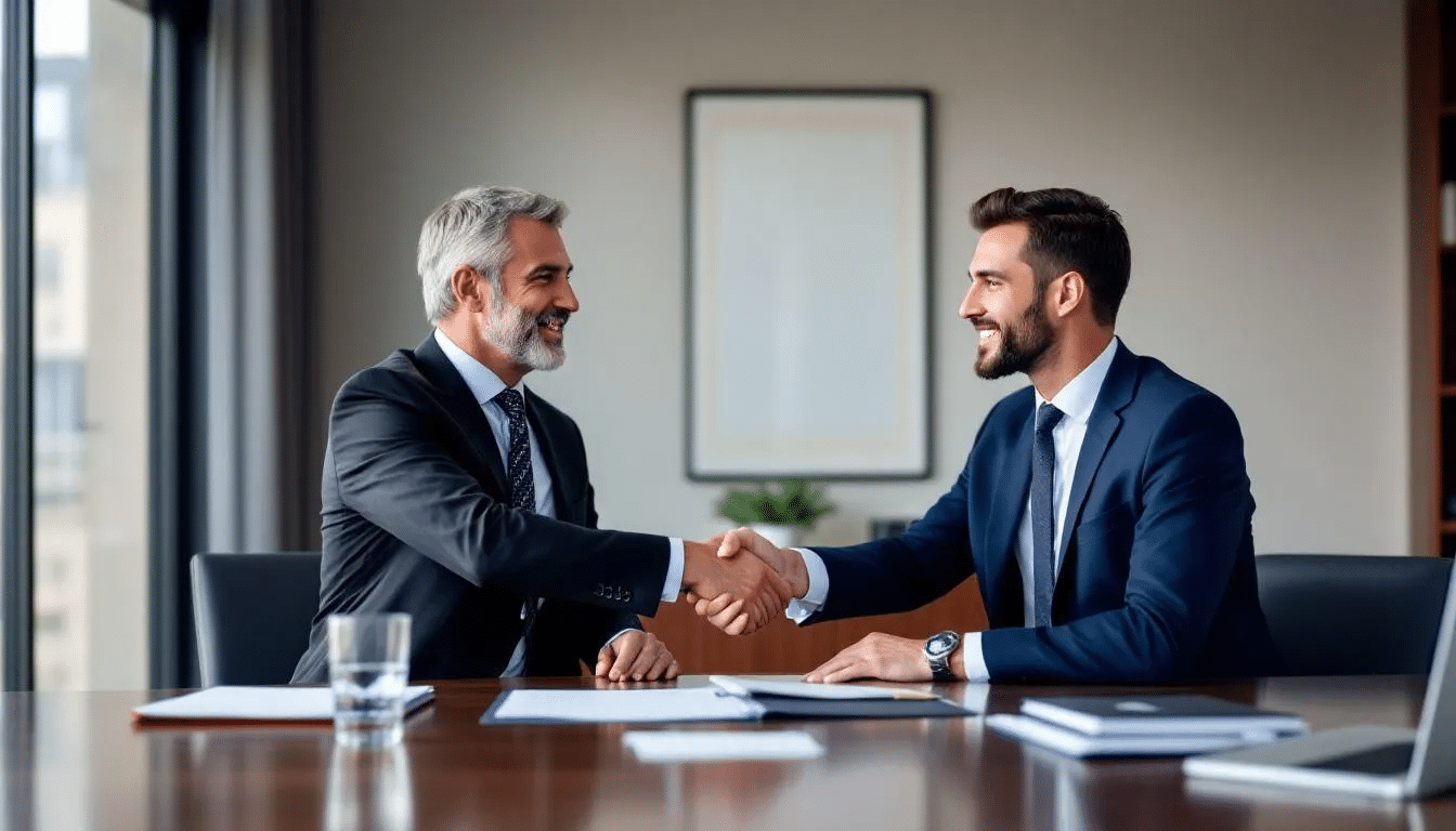 In a professional law office setting, two individuals are shaking hands across a conference table, symbolizing a mutual agreement or partnership. This scene reflects the collaborative nature of legal representation, particularly in matters related to personal injury cases and car accident claims in Houston.