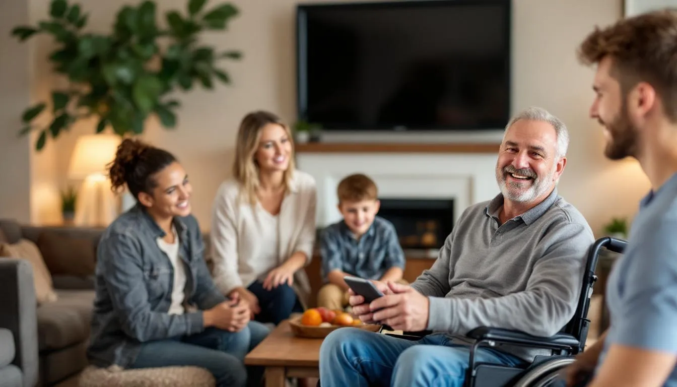 A family joyfully celebrates the communication progress of a brain injury survivor, showcasing their significant achievements in regaining lost skills through speech therapy. The scene highlights the support and love from family members as they acknowledge the survivor's journey in overcoming cognitive communication difficulties.
