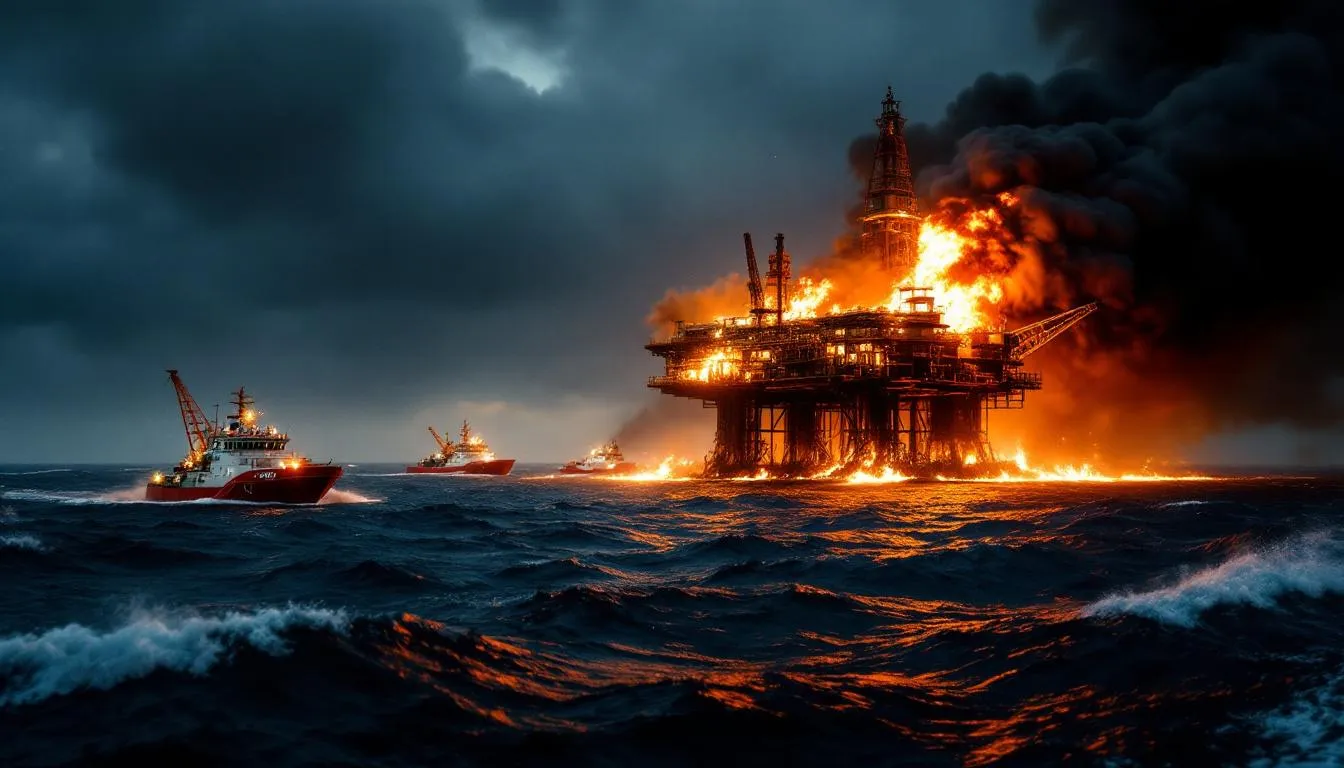 The image depicts emergency response vessels encircling a burning oil platform, with thick black smoke billowing into the sky, reminiscent of the catastrophic deepwater horizon oil spill. The scene highlights the urgent efforts to manage the oil rig explosion and mitigate the resulting environmental disaster.