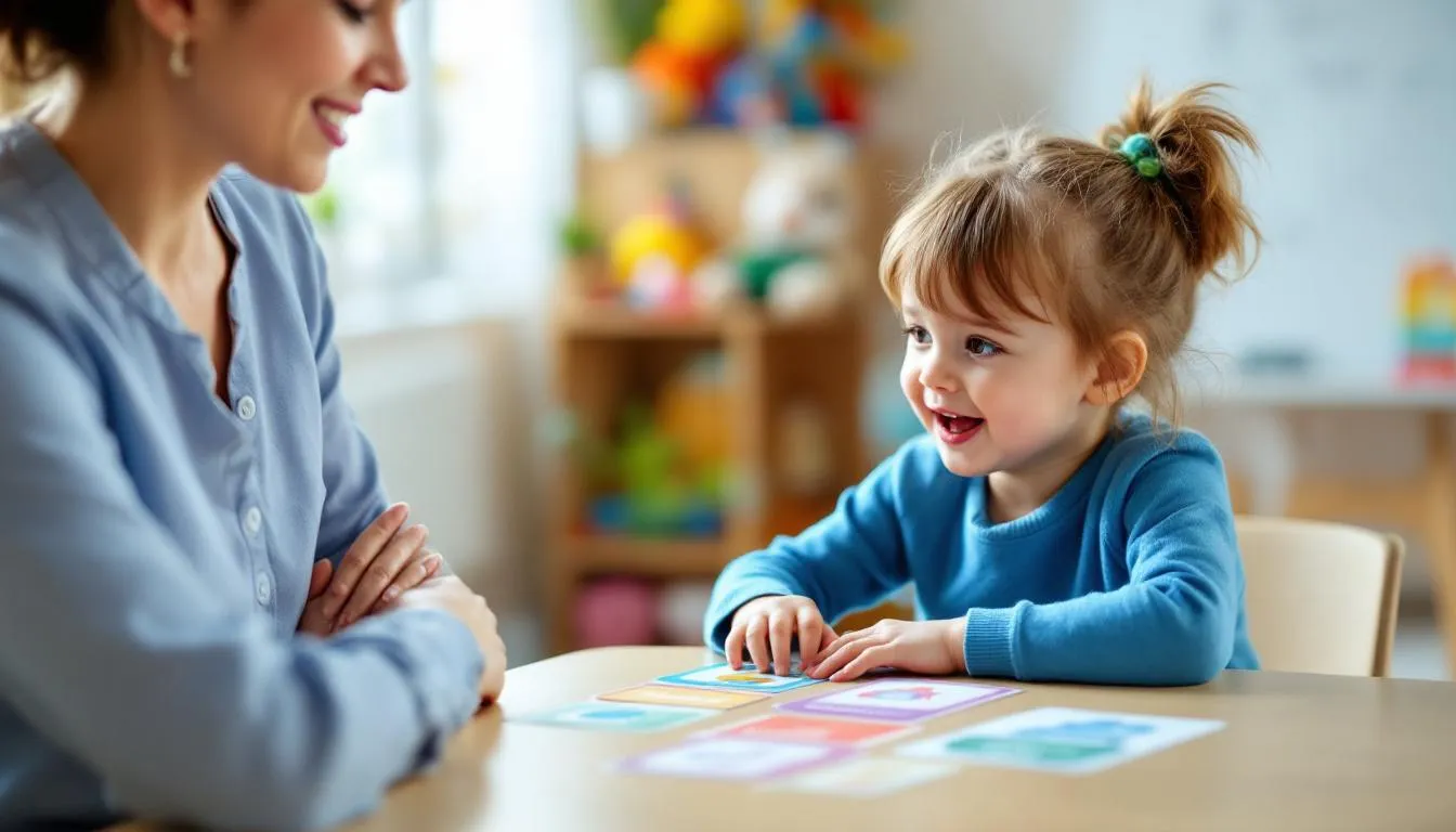 A child is engaged in a speech therapy session with a speech language pathologist, using colorful communication materials to enhance their communication skills. This interaction is part of their brain injury recovery process, aimed at regaining lost skills and improving cognitive abilities following a traumatic brain injury.