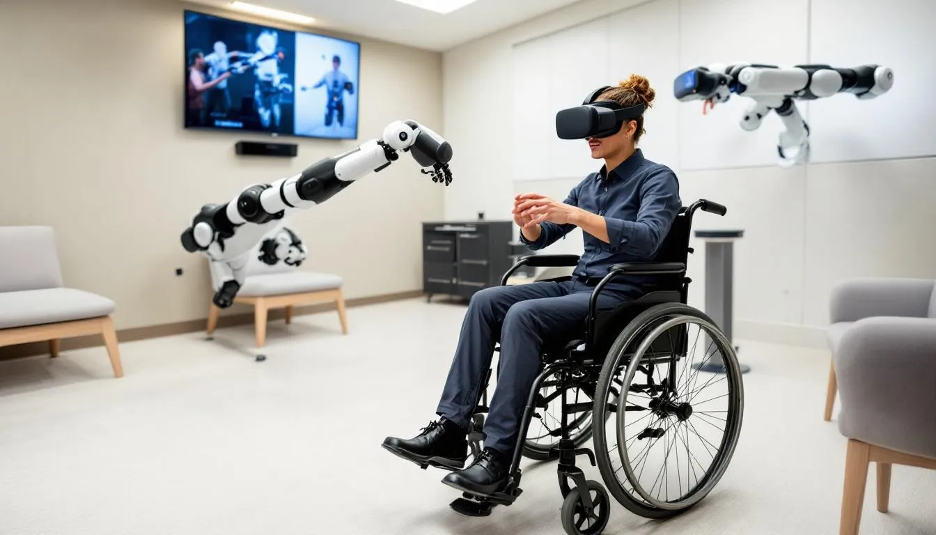 Brain Damage Rehabilitation: Complete Guide to Recovery and Treatment Options 2 The image showcases a modern rehabilitation facility equipped with advanced technology, including robotic therapy devices and virtual reality systems, designed for brain injury rehabilitation and recovery. This setting supports patients with traumatic brain injuries, offering comprehensive rehabilitation programs led by an experienced team of brain injury specialists and health care professionals.