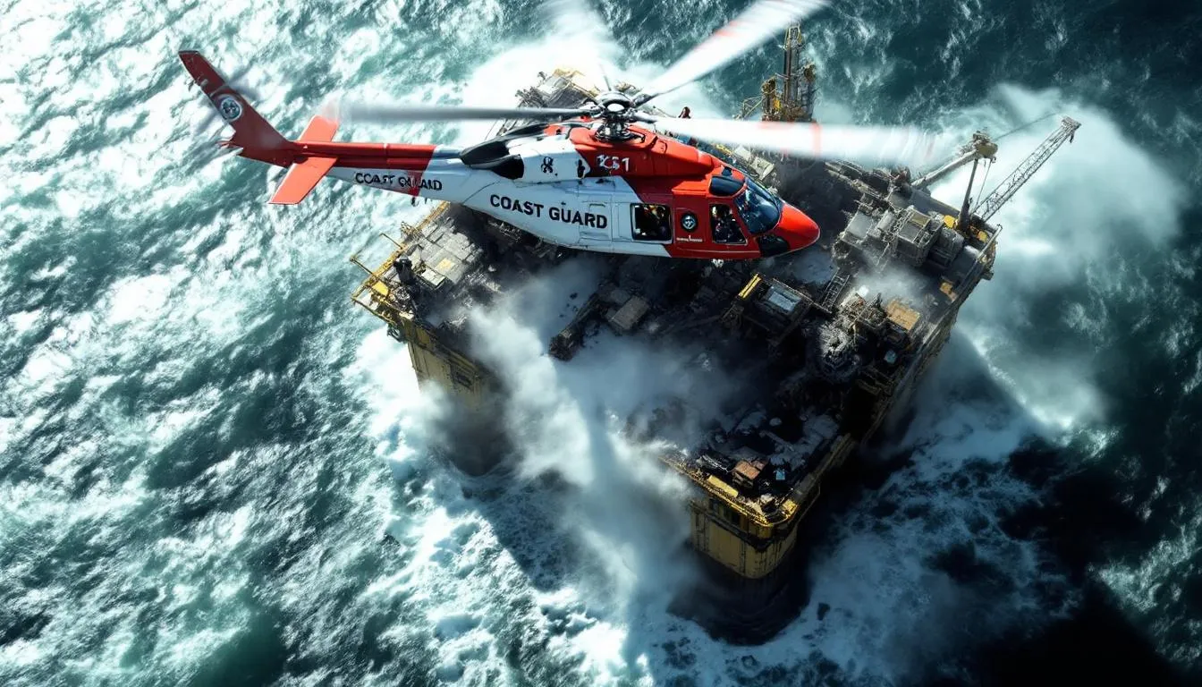 The image shows Coast Guard rescue helicopters evacuating workers from a damaged oil platform, highlighting the urgent rescue efforts following an oil rig explosion. In the background, the offshore drilling site is partially engulfed in smoke, illustrating the dangers associated with the oil industry.